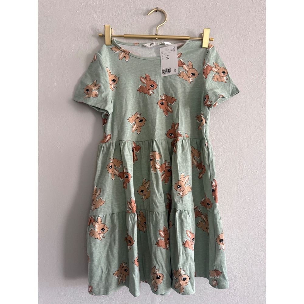 HM Girls Sage Green Bunny Rabbit Tiered boho Cotton Dress Size 8-10Y NWT whimsi